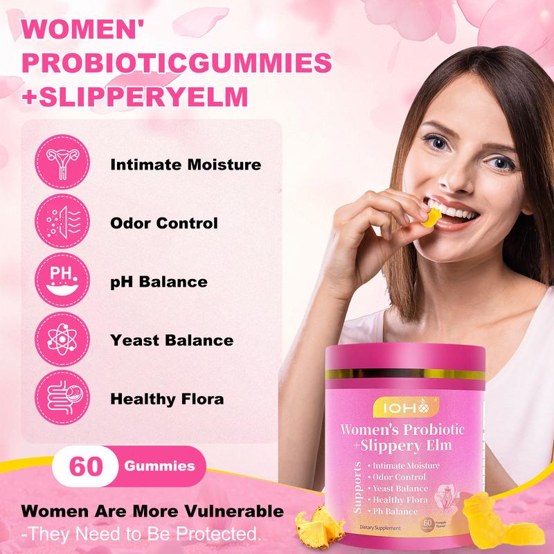 IOHO Her Juicy Feminine Probiotics Gummies-All in One Solution with Slippery Elm and Prebiotics&Lactobacillus Probiotic Blend for Women's pH Balance and Dryness-Hawaiian Pineapple Gummies 60 Count women’s probiotics - Supplement  Healthcare