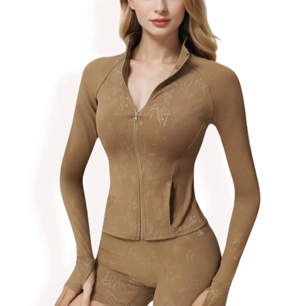 Anna-Kaci Active Women's Full Zip Active Jacket with Seamless Fit and Thumbhole Sleeves for Comfort and Style - Small Khaki, Casual, Long Sleeve