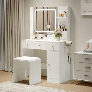 White Vanity Desk, Lighted Mirror Vanity, Compact Vanity Table, 4 Drawers, Storage Shelves, 3 Color Modes, Adjustable Brightness, Vanity with Stool, Modern Dressing Table, Bedroom Vanity Set