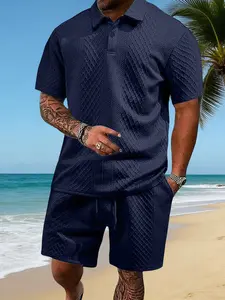 Men's summer casual texture fabric solid color polo shirt T-shirt shorts 2-piece set, loose fit suitable for casual sports, breathable and cool, essential summer outfit, comfortable and versatile  Menswear Plain, Shortsleeve, 1 Set (Dark Blue)