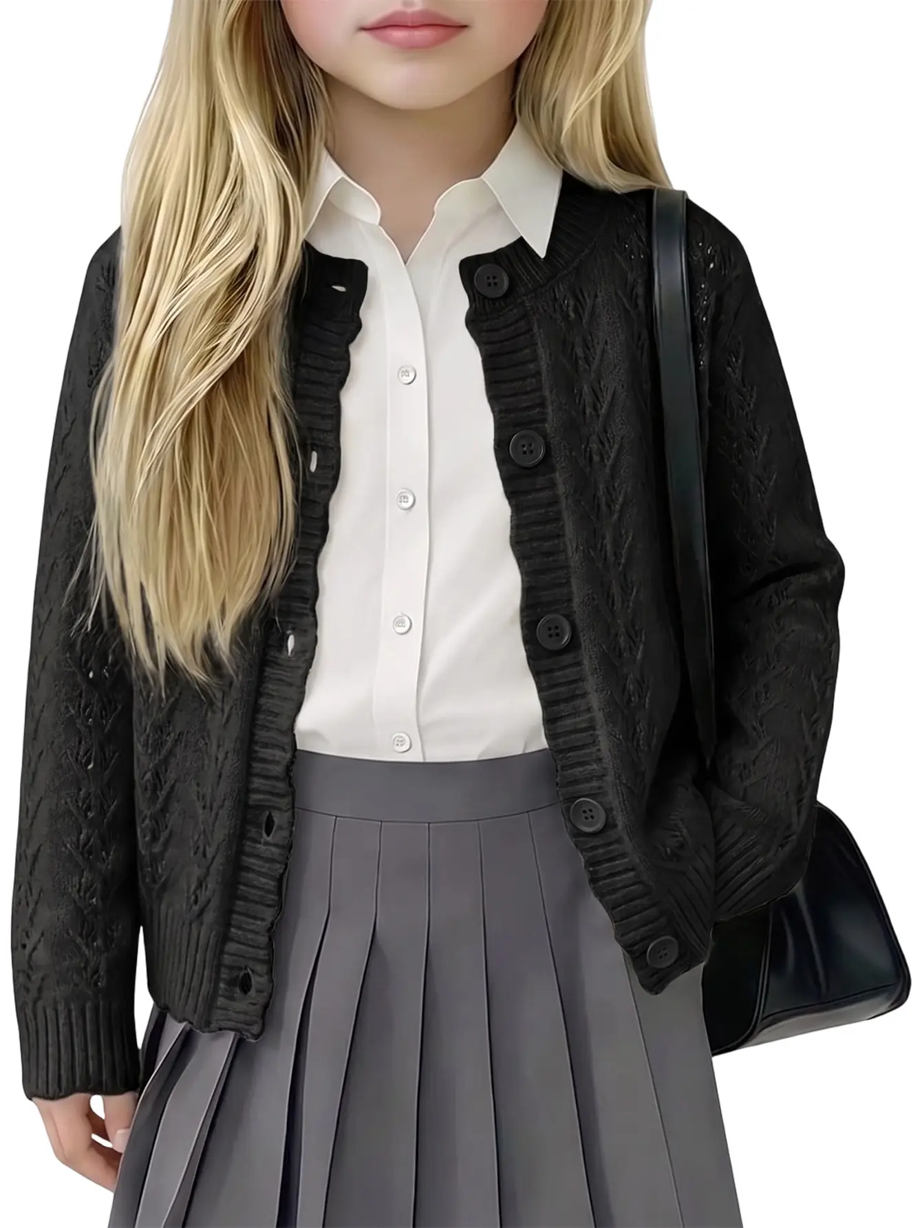 Girls' Preppy Hollow Knit Cardigan for Kids (3-12 Years), Lightweight Button-Down Layering Sweater Jacket for Spring, Fall, Air-Conditioned Rooms