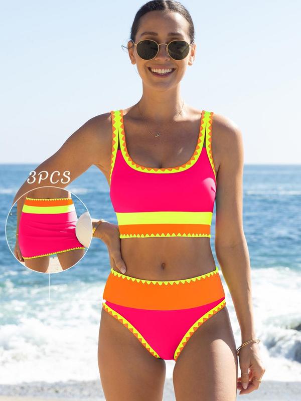 Popvil Patchwork Sporty 3 Piece Bikini Sets,Tummy Control & High Waisted Swimsuit with Wide Shoulder Straps