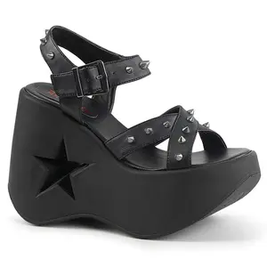 Demonia Dynamite-02 Black Vegan Leather Sandals with 5" Star Cutout Platform & Cone Spike Detail Ankle Strap Wedge Shoes for Girls