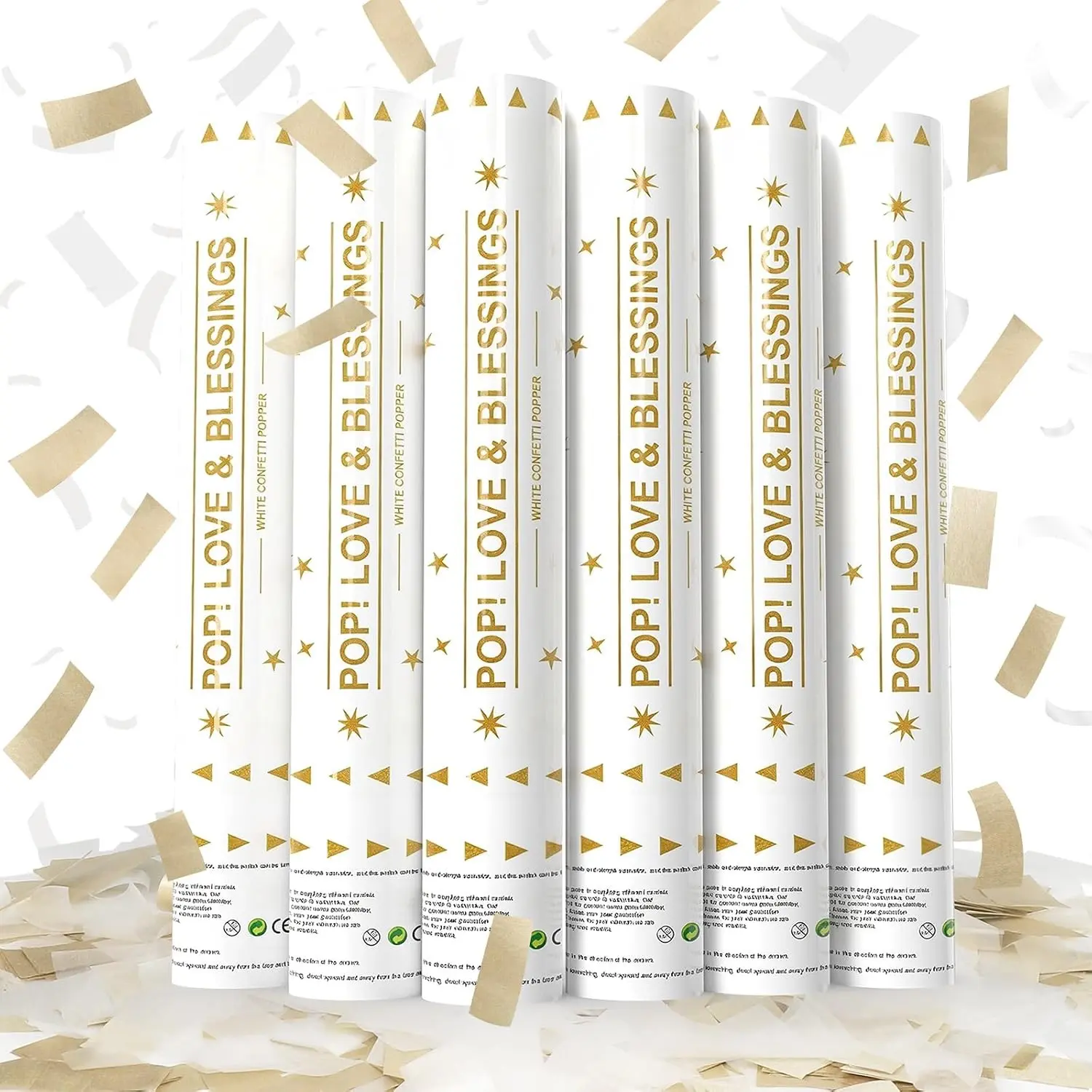 White Mix Gold Confetti Poppers 6 Pack,Biodegradable Confetti Cannon,12inch Rice Paper Water Soluble Confetti Tube For Lawns Outdoor Wedding,Birthday,Celebrations