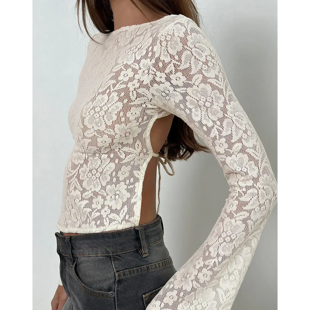 MOTEL Halfi Long Sleeve Top in Hibiscus Crochet Lace Ivory