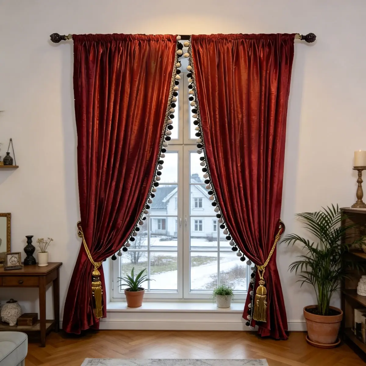 2pcs American Vintage Velvet Full Light Block Curtains, Living Room Luxury Velvet Floor Drapes, Window Drapes, Home Decorative Curtain, Hole Punch Pom-Pom Edge Decorative Curtains, Multiple Colors Available, Privacy Grommet Curtains
