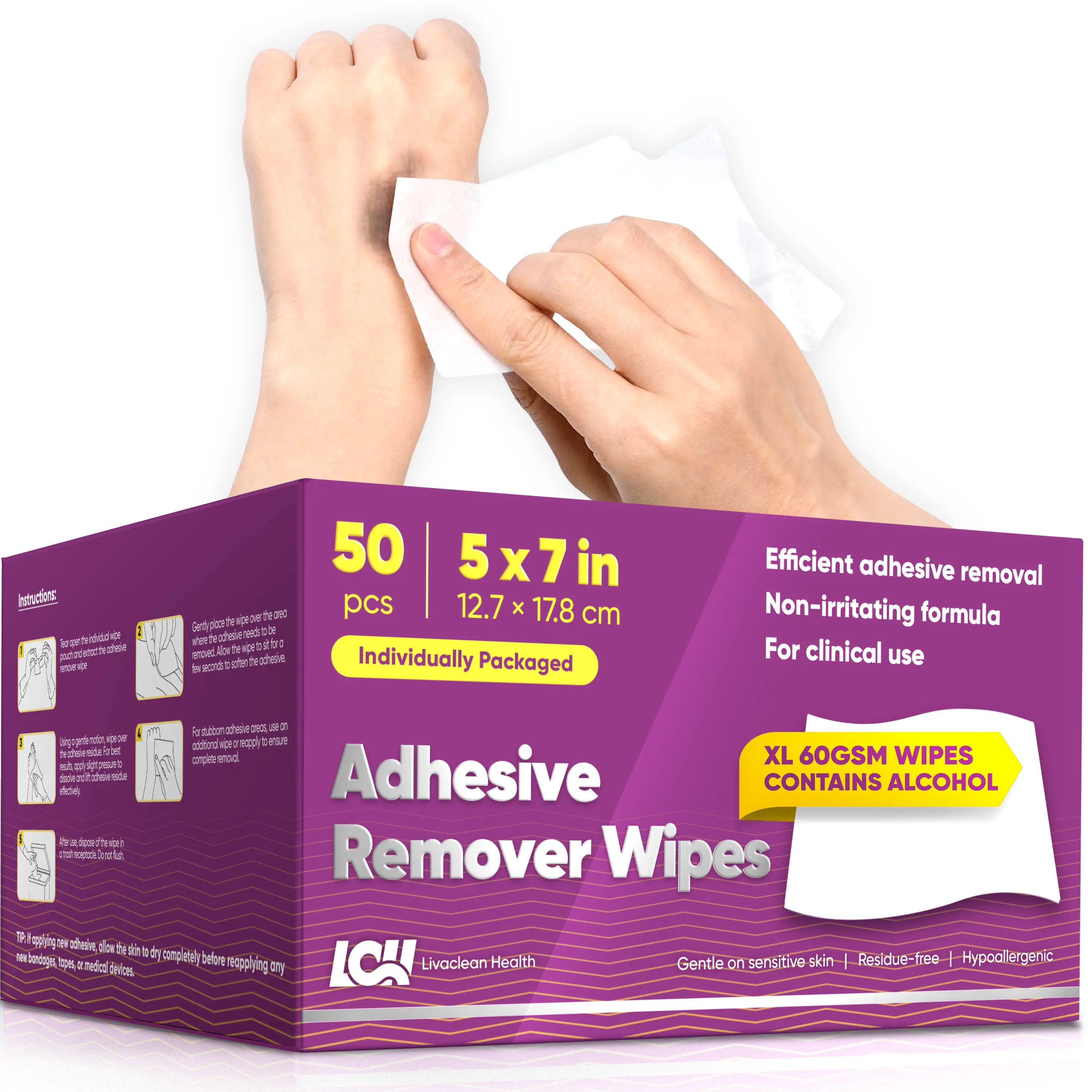 LivaClean Adhesive Remover Wipes, 50 CT Box, 5x7in (12.7x17.8cm), Sting-Free Gentle for Sensitive Skin, Medical Use for Bandage Tape, Dressings, Ostomy Residue