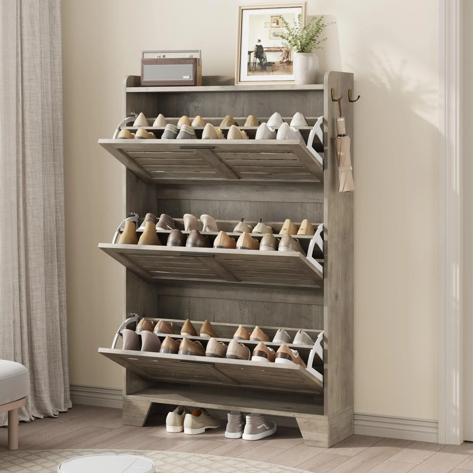 Garvee Shoe Cabinet Storage for Entryway, Narrow Shoe Cabinet with 3 Flip Drawers, Freestanding Hidden Slim Shoe Organizer Cabinet with Hooks for Foyer, Hallway, Garage, Gray