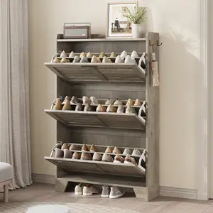 Garvee Shoe Cabinet Storage for Entryway, Narrow Shoe Cabinet with 3 Flip Drawers, Freestanding Hidden Slim Shoe Organizer Cabinet with Hooks for Foyer, Hallway, Garage, Gray