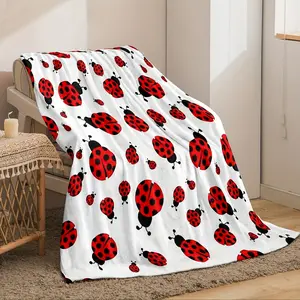Soft and Comfortable Retro Ladybug Print Flannel Blanket - Lightweight and Anti-Pilling, White with Red and Black Ladybug Pattern, All-Season Universal for Sofa, Bed, Office, Camping Travel Multi-Functional Gift, Cozy Blanket, Home Decoration