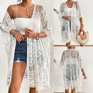 Women's Lace Bikini Cover-Up 3/4 Sleeves Open Front Sheer Mesh Crochet Kimono Cardigan