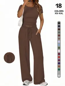 Women's 2-Piece Tracksuit Set - Short-Sleeve Crew-Neck T-Shirts, Solid Plain Below-the-Ankle Wide-Leg Pants, Stretch Fabric, Female Fit Sweatsuit Set for Yoga, Workout