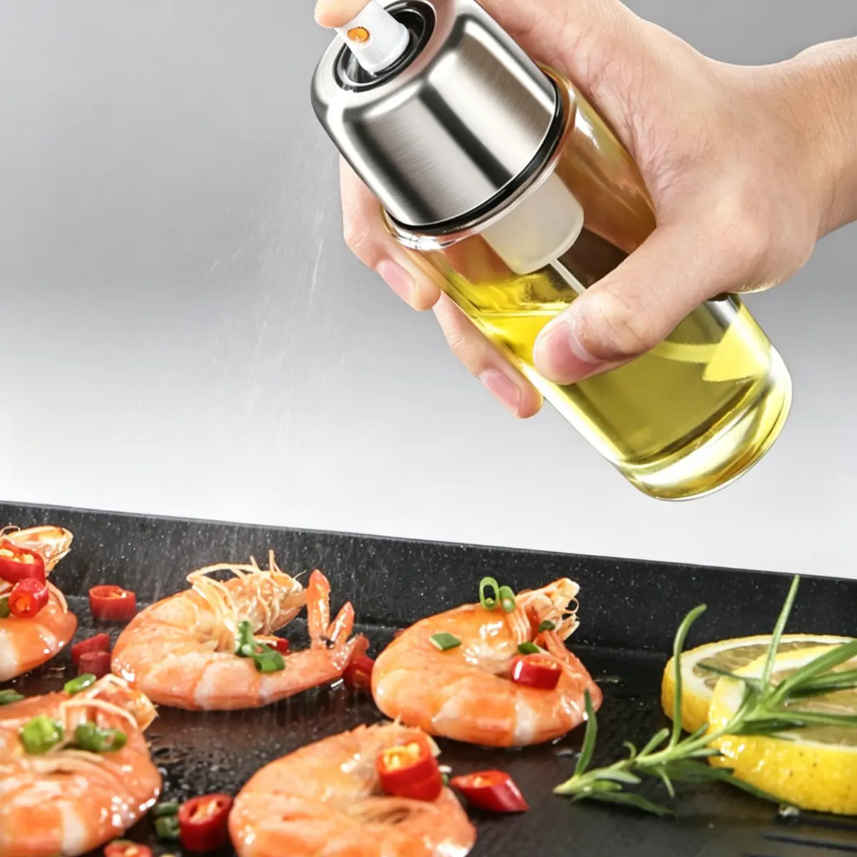 Food-Grade Glass Oil Mister Spray Bottle (180ml) - Wide-Mouth Refillable Modern Kitchen Dispenser, Fine Mist Nozzle, Stainless Steel Top, Leak-Proof, Lightweight, Portable, Wipes Clean Fast, Travel-Ready for Cooking, Olive Oil Use, Oil Mister Spray Bottle