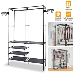Sturdy Metal Clothing Organizer Freestanding Garment Rack With Shoe Shelves-3174