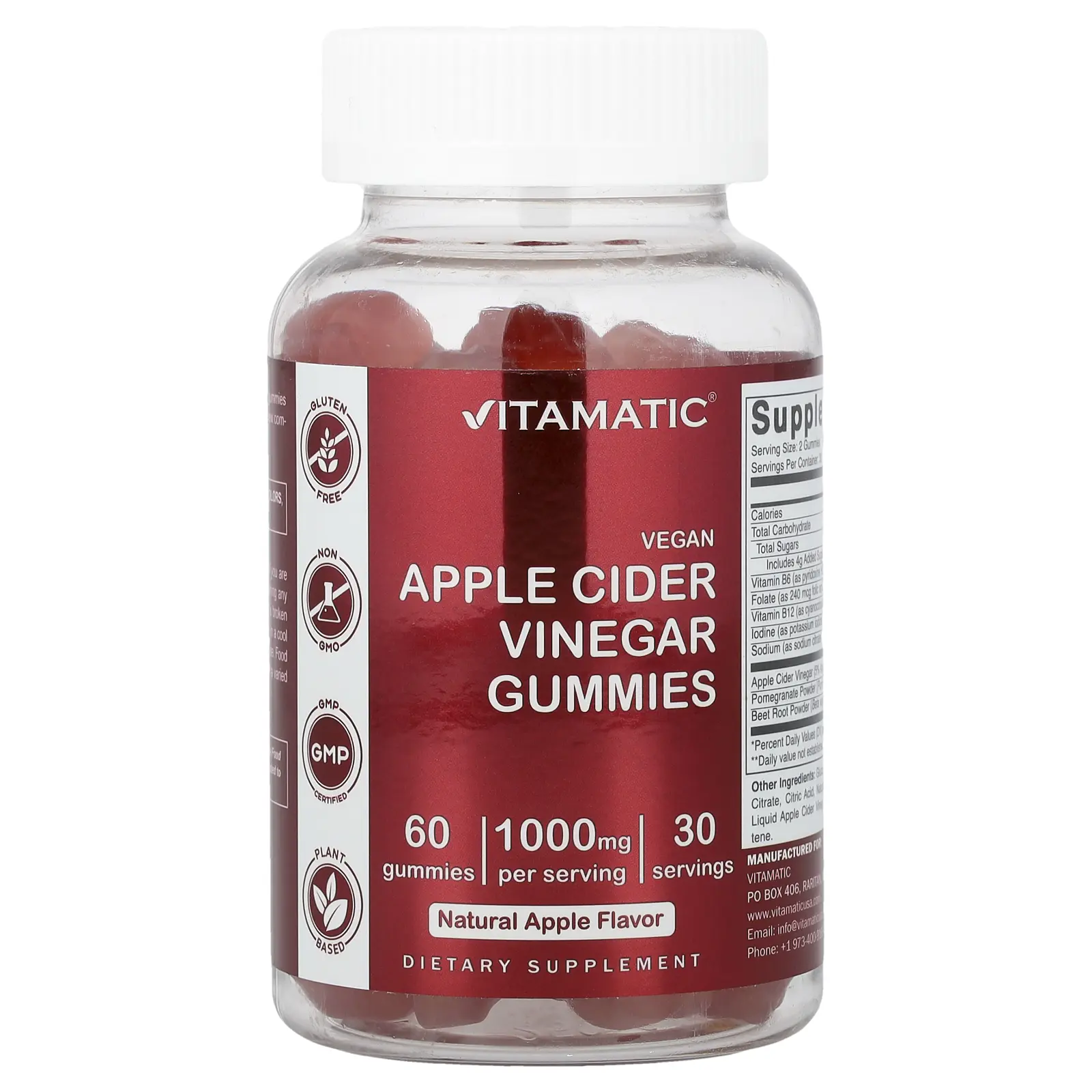 Vitamatic Vegan Apple Cider Vinegar Gummies, Natural Apple, 60 Gummies
