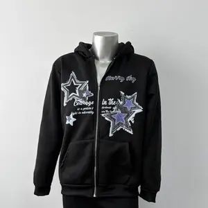 Manfinity Men's Cozy Trendy Star & Slogan Print Drawstring Hooded Sweatshirt - Soft Comfortable Zip-Up Hoodie for Autumn/Winter Casual Stylish Outfits