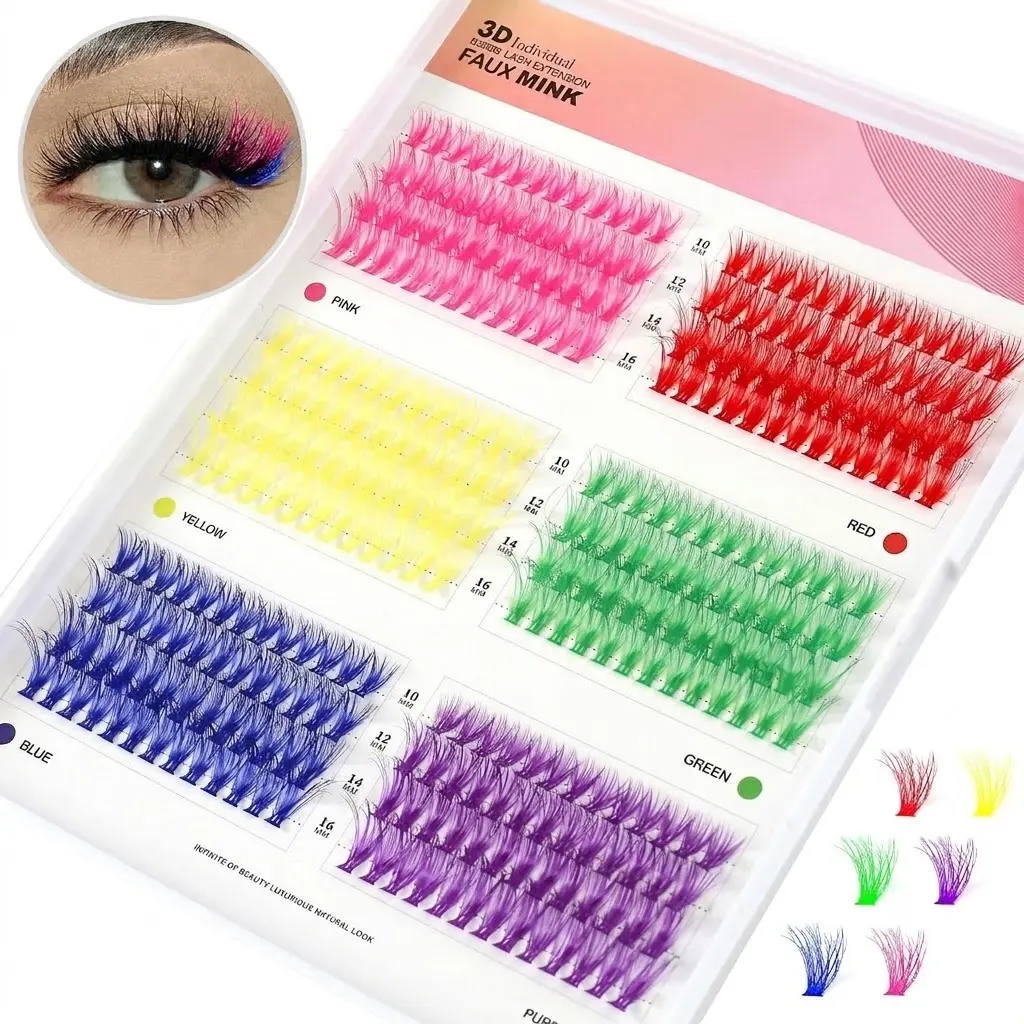 Halloween 3D Colored Faux Mink Eyelash Clusters, 312PCS C-Curl DIY Individual Lashes, 6-Color Mixed 10mm-16mm Fluffy Wispy Volume Cosmetic Lashes for Makeup