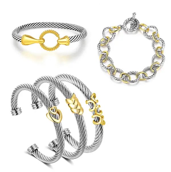 Aprilery 5PCS Stackable Two-Tone Twisted Cable Bracelet Set – Adjustable Cuff & Chain Link Design Elegant Statement Jewelry