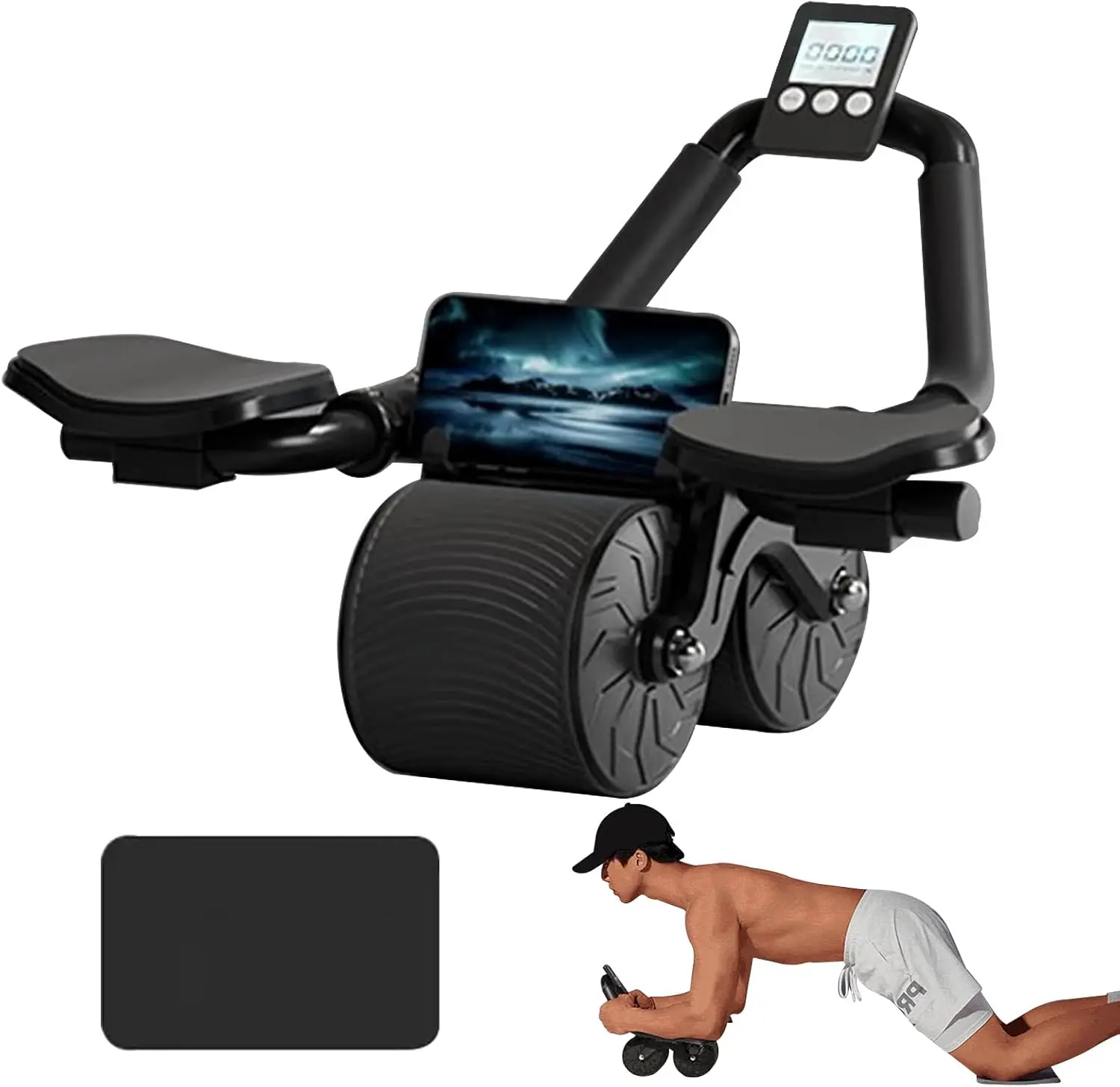 Automatic Rebound Ab Roller with Timer, Knee Mat & Elbow Support – Home Core Workout Equipment for Abs, Obliques & Full Body Strength, for Men & Women
