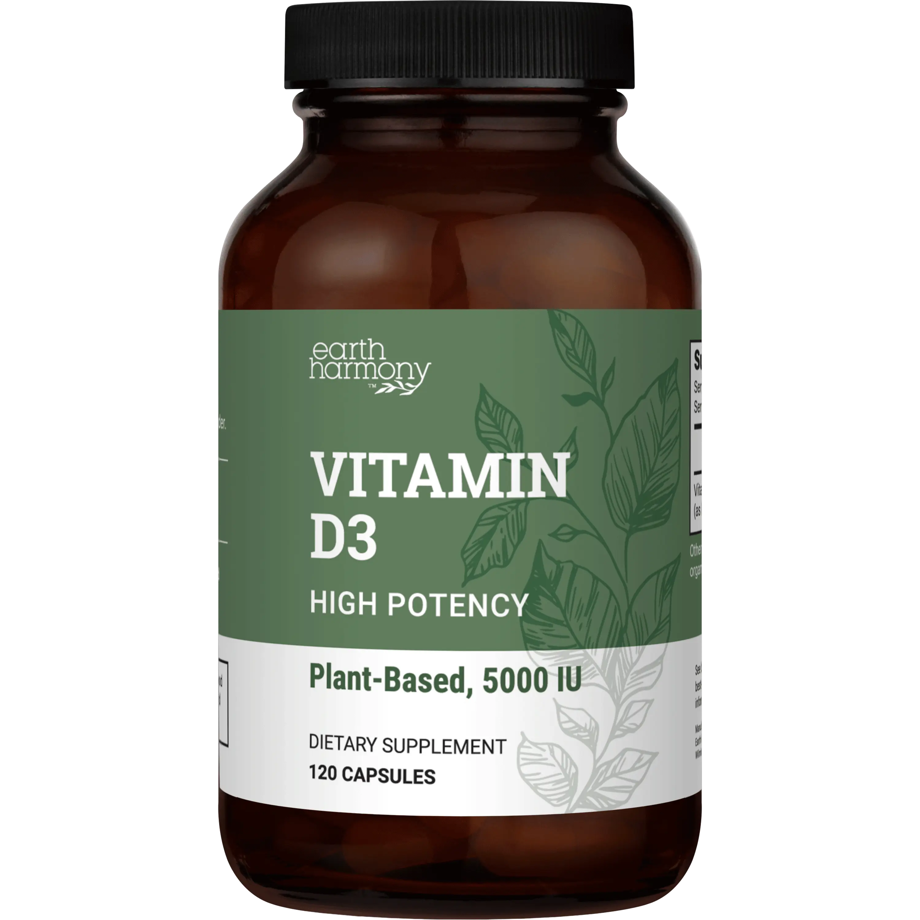 Earth Harmony Vegan Vitamin D3 5000 iu Supplement - Pure, High Potency Supplements for Immune Health & Strong Bones Support - 120 Capsules