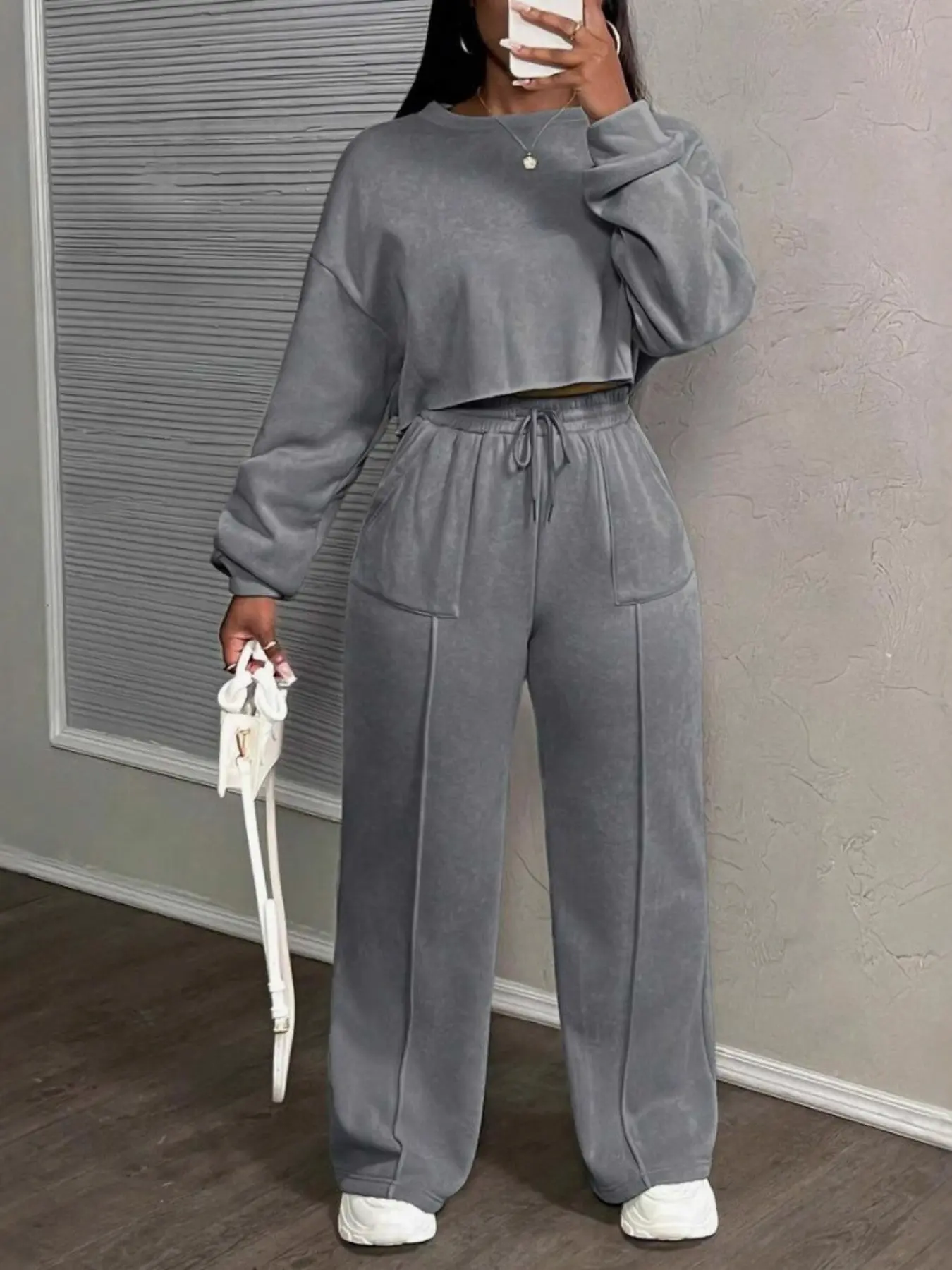 Women's Sportswear Set, Two-Piece Fleece Short Top & Casual Pants, Fall Winter for Running Walking Hiking Yoga Fitness, Yoga Workout Activewear, Sweatsuit Sets, Yoga Clothes Set, Sporty Style Clothes