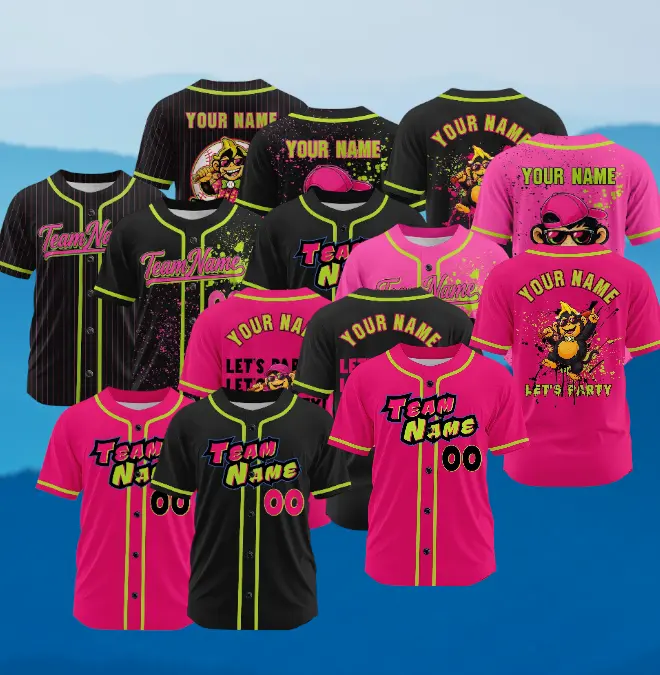 Custom Pink Black Pinstripe Baseball Jersey Men Women , Party Custom Animal Baseball Jersey Text Logo, Pink Black Green Baseball Shirt