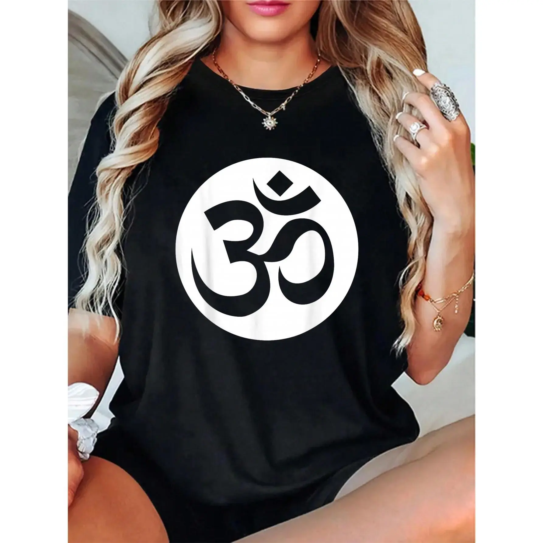 Women's 100% Cotton Om/Ohm/Aum Symbol Spiritual Yoga T-Shirt - Lady Streetwear, Breathable, Round Neck, Short Sleeve, Everyday Casual Love-Themed Soft Top, Relaxed Fit, High-Res Print, Fabric, Vibe