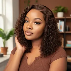 New Arrivals 2026 Mocha Water Wave Lace Front Wig, short curly bob wig made of real human hair, with 4x4 water wave lace front - pre-trimmed hairline and 180% density, chocolate brown, suitable for various skin tones