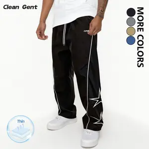 Clean Gent Men's Letter Patch Side Stripe Drawstring Waist Pants, Casual Loose Pocket Trousers, Fashionable Comfortable Men's Bottoms, All-Season Versatile, Street Style, Relaxed Fit Long Pants