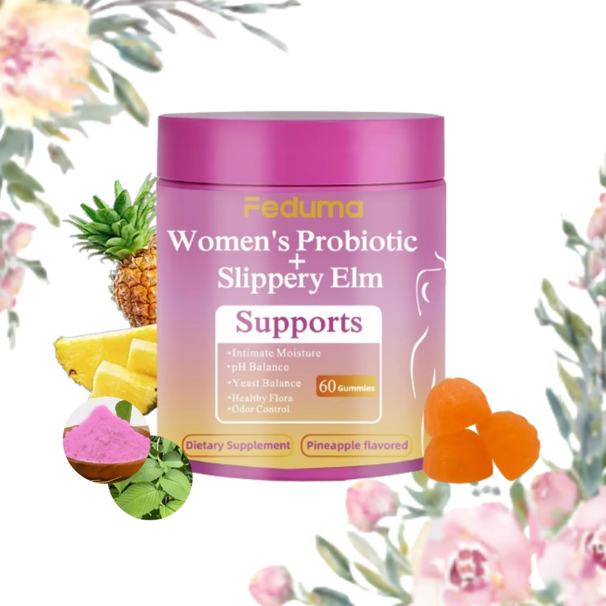 FEDUMA Feminine Probiotics Gummies for Women - Pineapple Flavor -Supports pH Balance - with Slippery Elm, Prebiotics & Lactobacillus Blend - 60 Gummies (1pcs) Healthcare Natural Dietary ( probiotic for women  ) Dairy Free Supplement Fiber, self-care