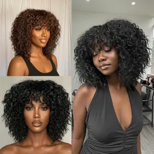 [Big Hair Curly] Beginher Hair-Wig N Go Collection 16 inches Heat Resistance 200% Density Messy Curly Bangs True Scalp Synthetic Wear Go Beginner 3 Seconds to Wear Ready Go Glueless Wigs Natural Black Color Summervibes outdoorfun