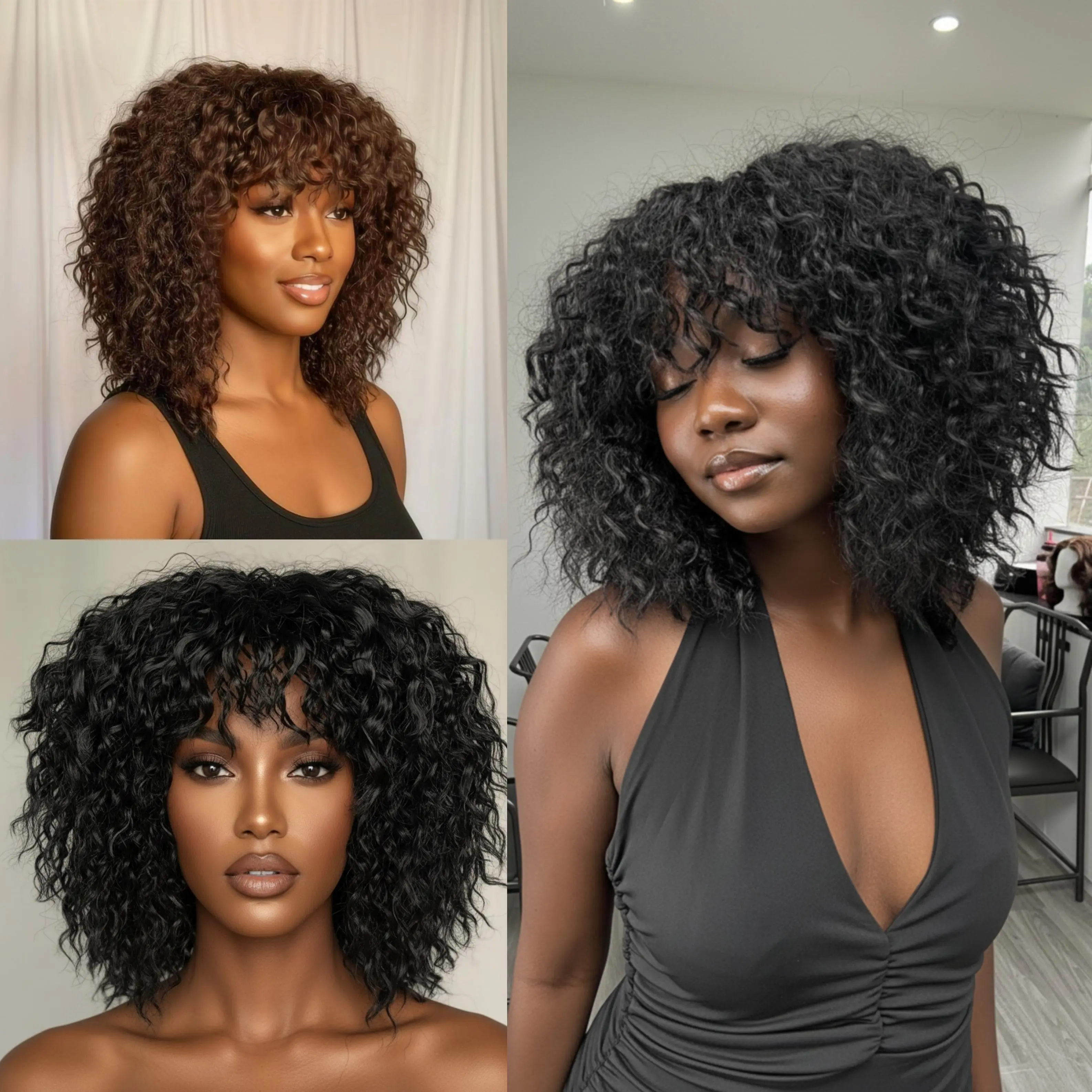 [Big Hair Curly] Beginher Hair-Wig N Go Collection 16 inches Heat Resistance 200% Density Messy Curly Bangs True Scalp Synthetic Wear Go Beginner 3 Seconds to Wear Ready Go Glueless Wigs Natural Black Color Summervibes Heat Resistant Wigs