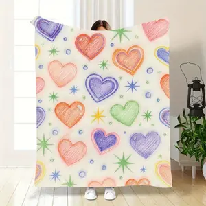 Colorful Graffiti Paper Heart Cartoon Blanket, Flannel Throw, Soft Knitted Blanket, Perfect for Home Office Travel Camping, Valentine's Day Gift