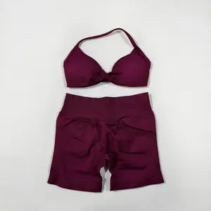 Fitness suit 2-piece set, seamless knit with chest cushion, sports bra, high elasticity hip lifting sports shorts set, women's breathable quick drying yoga set, sports set