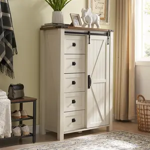 T4TREAM 5 Drawers Dresser for Bedroom w/Sliding Barn Door, Farmhouse Modern Tall Dresser 5 Chest of Drawers, Storage Organizer Dresser for Bedroom, Hallway, Living Room, Kids Room
