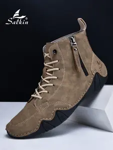 Men's High Top Casual Trainer Shoes, PU Leather Drawstring, Solid Color, Comfortable Soft Sole, Durable Anti-Slip, All Seasons Outdoor Wear