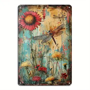 Vintage Dragonfly & Flower Pattern Metal Wall Art, Rustic Iron Wall Decor, Artistic Wall Art Decor for Home Garden Cafe Bar