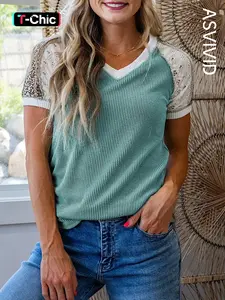 Women's Casual Feminine Color Block Lace Leopard Patchwork Twisted Ribbed Short Sleeve T-Shirt Top, Perfect for Daily Wear