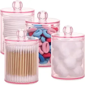 4 pcs Qtips Holder Bathroom Container, 12 /10 Apothecary Jar, Pink Cotton Ball/Swabs Dispenser Organizer for Storage