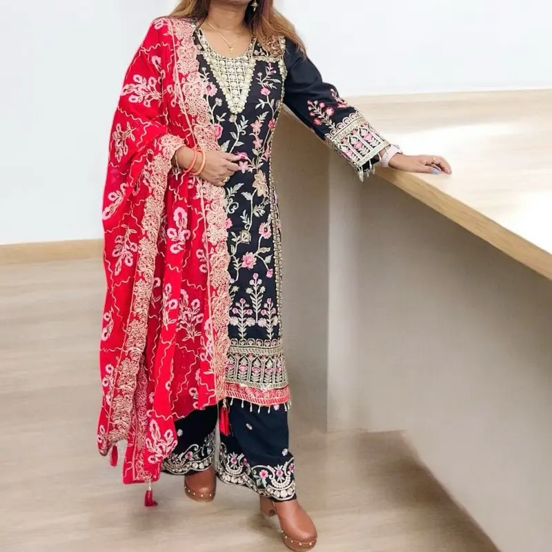 Heavy Work Fully Embroidered Kurta, Dupatta & Plazo for Special Occasions - Black & Red Patterns, Formal Women's Wear - Womenswear Dress Salwarkameez Asian