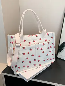 Strawberry lover's exclusive canvas tote bag, fresh print, double pocket design, multi-function for hand-held and shoulder-held, fashionable and versatile shopping and travel, lightweight hand-held shopping bag, Strawberry themed bag, Casual shopping bag