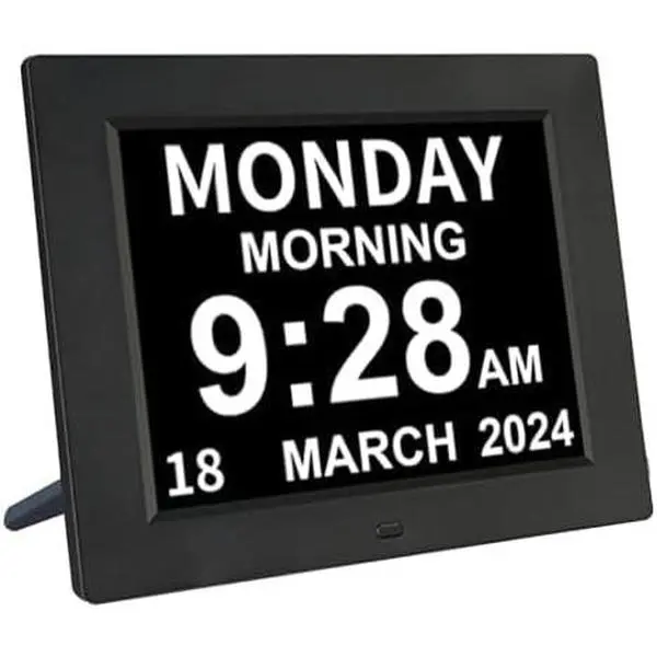 Digital Day Calendar Clock 5  Clock & 3  Reminders  8 Inch Non-Abbreviated Day Date Month Dementia Senior Clocks for Eldarly Memory Loss Vision Impaired Clock