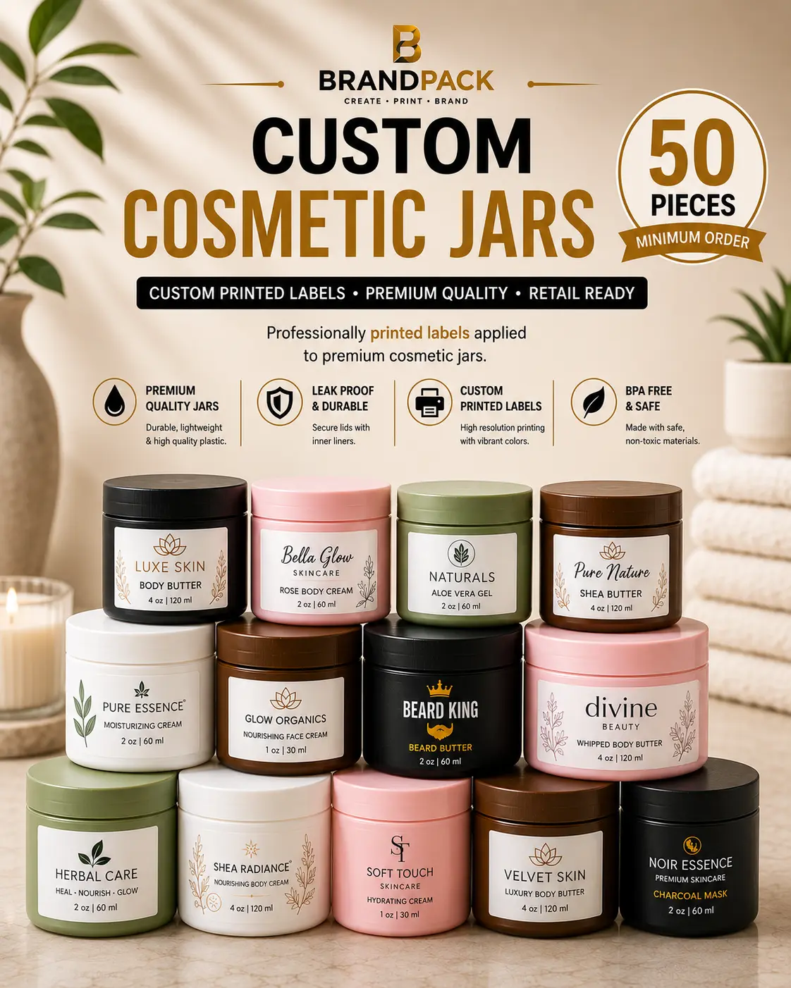 Premium Custom Cosmetic Jars– Waterproof Label Application - 50 Pieces