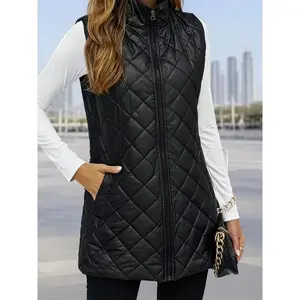 [Lamb Vest] Women's Black Rhombus Plaid Lamb Vest |   Long Sleeve Zip-Up Winter Jacket, Solid Color Flared Hem, Regular Fit for Outdoor & Daily Wear, Allseason Jacket