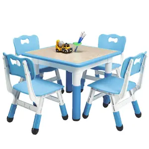 【GARVEE】Square Table and Chairs Set, 60x60CM, Height Adjustable Desk with 4 Seats, Graffiti Desktop, Non-Slip Legs, Multi-Activity Table for Classrooms, Daycares, and Home in Blue or Wood