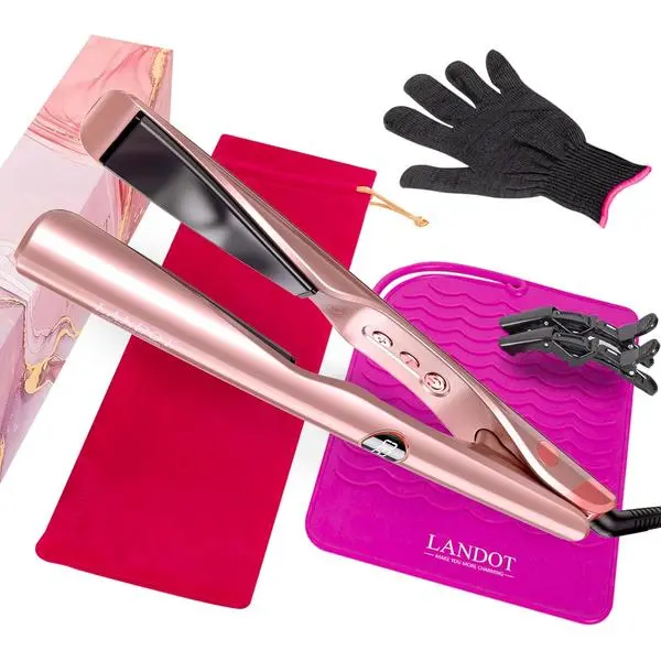 LANDOT 2 in 1 Hair Straightener and Curler, 1" Twist Flat Iron Dual Voltage | Ceramic Floating Plates, 12 Temps 250-450°F, 30s Fast Heat, LCD, Anti-Scald Tips, 60-Min Auto Shut-Off, Travel-Ready, Gift