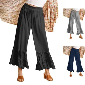 SCUSTY Flowy Palazzo Linen Pants for Women Elastic High Waisted Wide Leg Ruffle Ruched Loose Beach Trousers