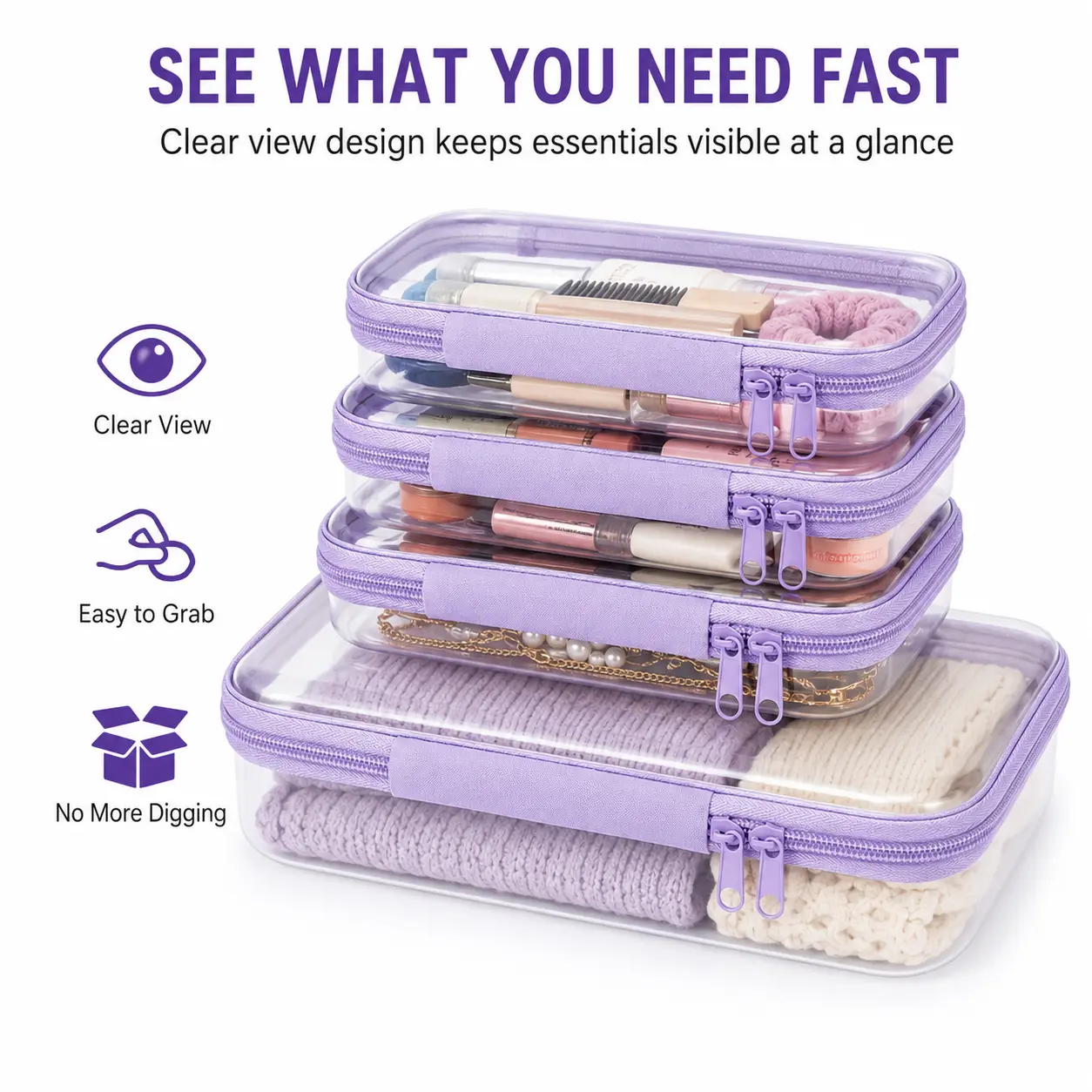 Clear Storage Box Set 4 Pcs, 3 Small + 1 Large Thickened PVC Hard Zipper Organizer Cases, Portable Plastic Containers for Cosmetics, Jewelry, Crafts and Toys