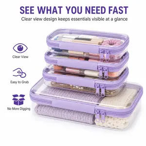 Clear Storage Box Set 4 Pcs, 3 Small + 1 Large Thickened PVC Hard Zipper Organizer Cases, Portable Plastic Containers for Cosmetics, Jewelry, Crafts and Toys