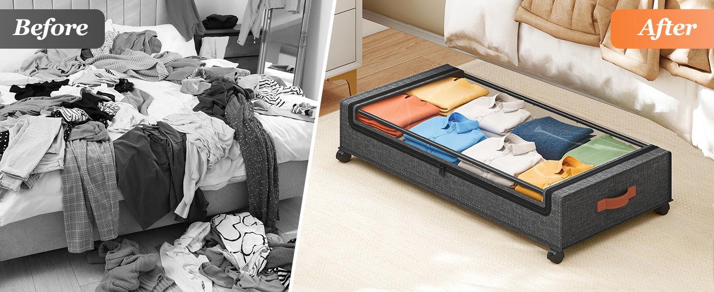 Under Bed Storage with Wheels 65L, 2 Pack Under Bed Storage Containers, Storage Containers with Clear Window, Rolling Under Bed Metal Drawer for Clothes, Shoes, Books, Hemp Grey